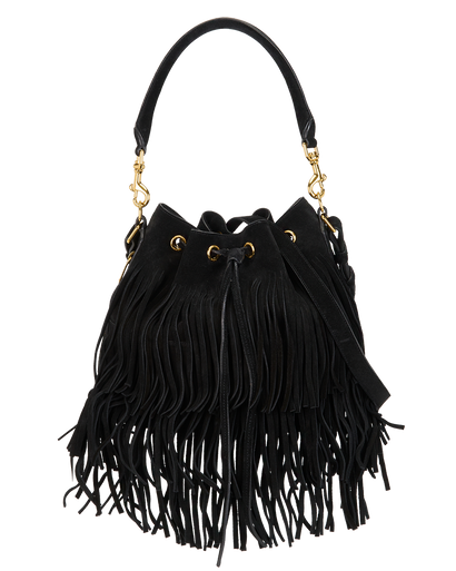 Fringed Bucket Top Handle/Crossbody, &pound;595, Handbags, Black, Suede, Front view